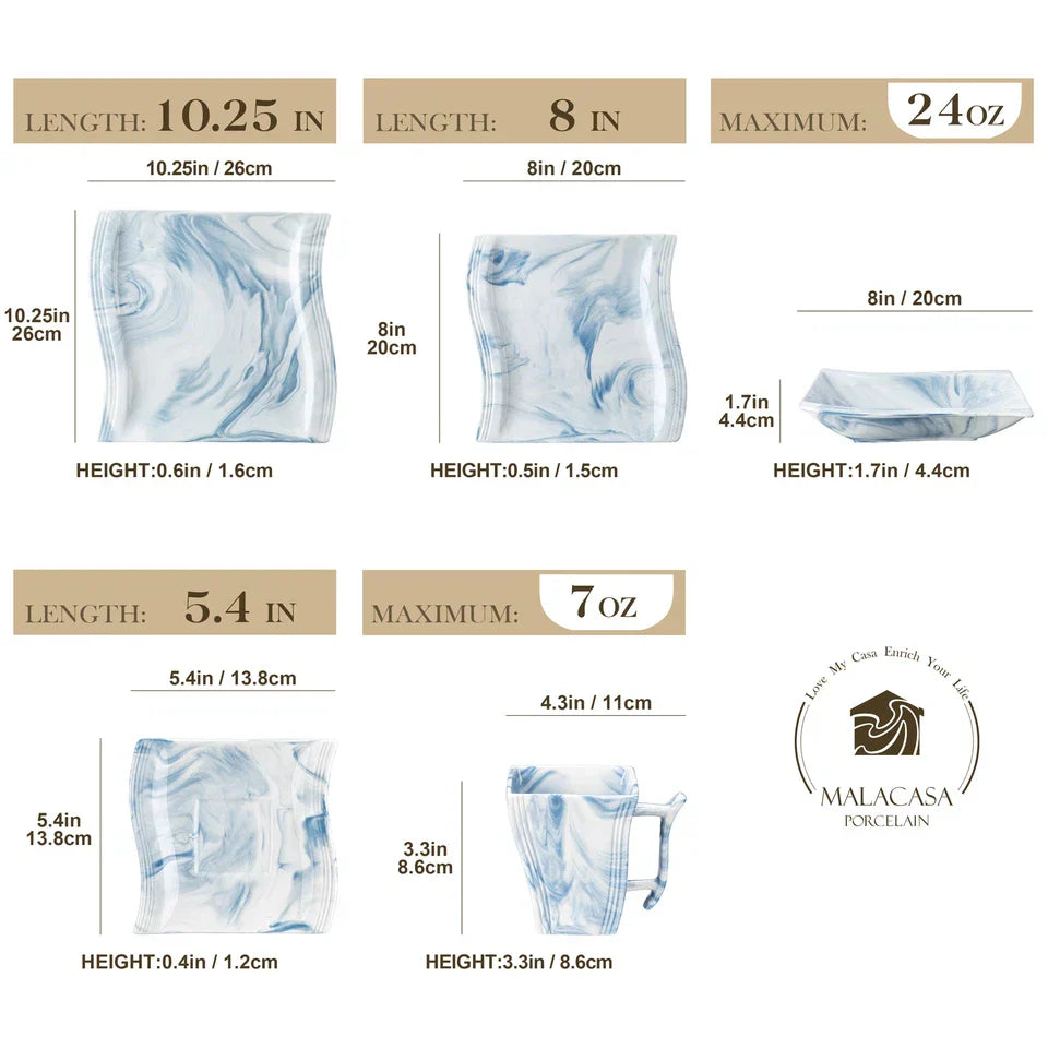 MALACASA Series Flora Dinnerware Set Porcelain Tableware Wave Shape Dishware Set