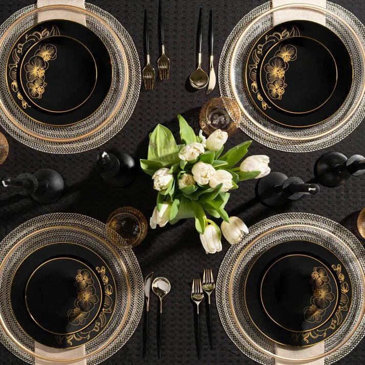 Orchid COLLECTION Black &Gold Plastic Tableware Set Wedding Party Dinner Plates