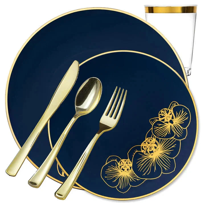 Orchid COLLECTION Royal Blue &Gold Plastic Tableware Set Wedding Party Dinner