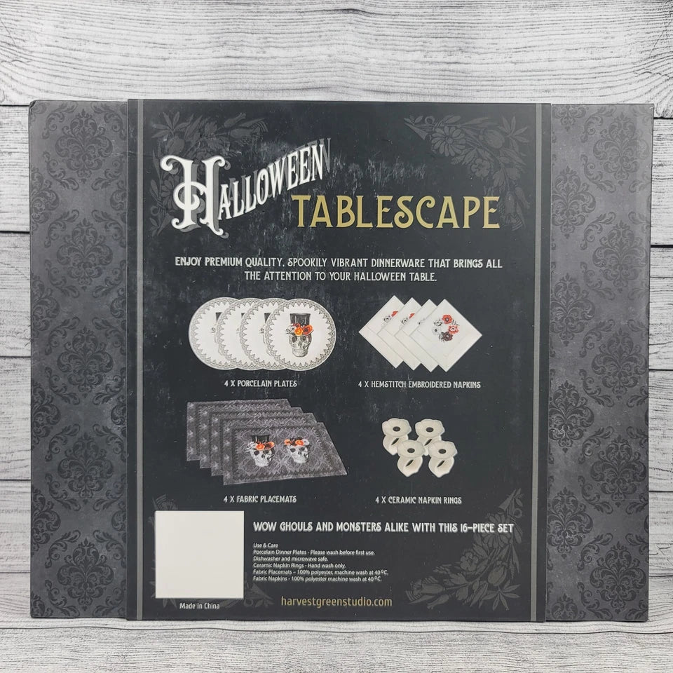 Halloween Harvest Green Studio Skull Tablescape 16 piece Dinner Set
